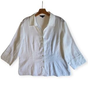 Lands End Linen Button Front Shirt Womens XL White Linen 3/4 Sleeve‎ Coastal